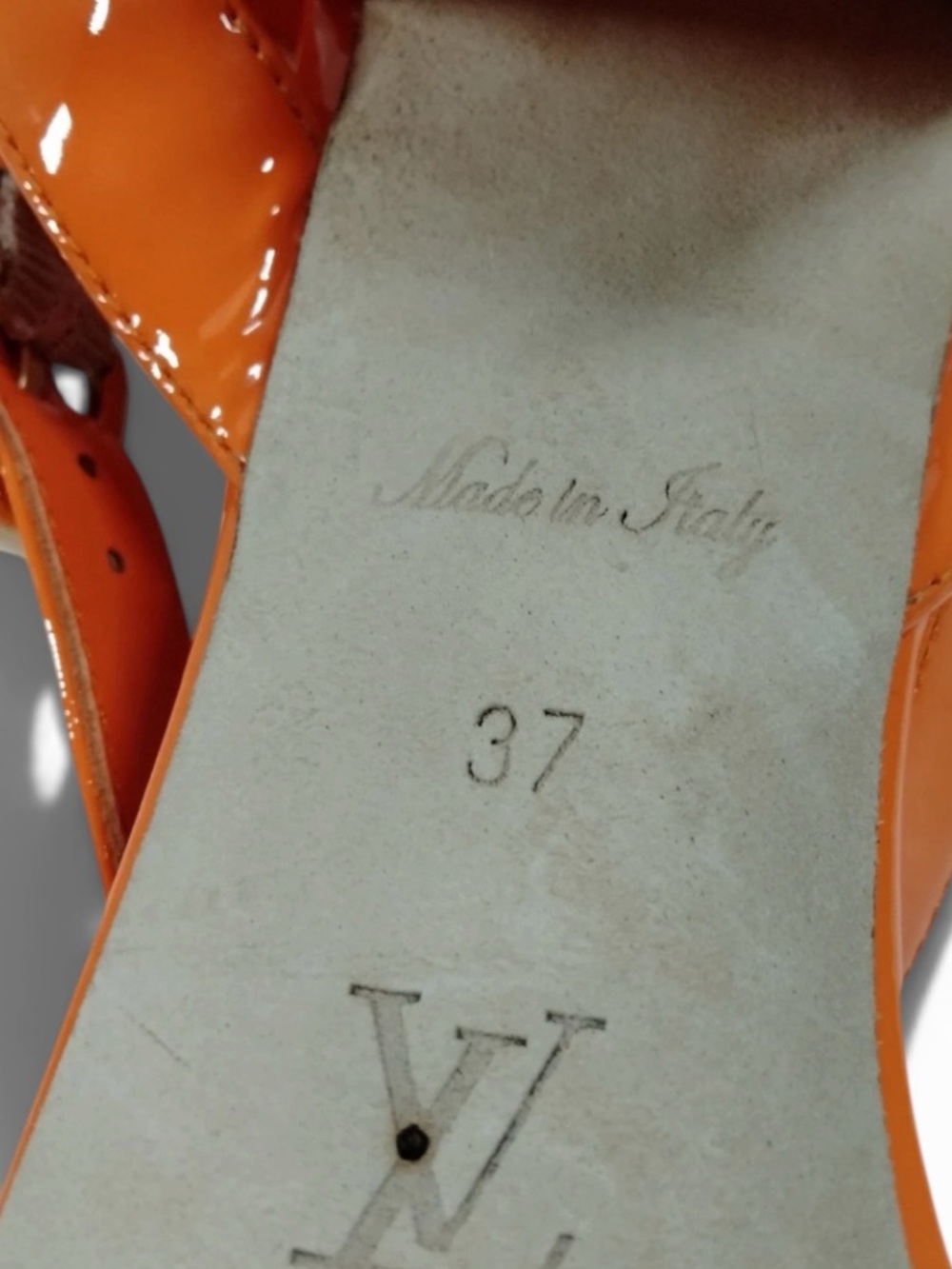 Louis Vuitton Orange Patent Leather Block Heel Sandals - Picture 5 of 7